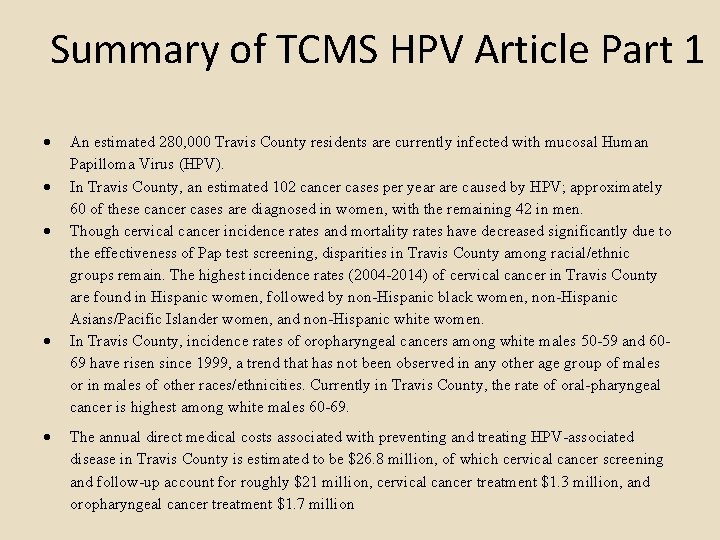 Summary of TCMS HPV Article Part 1 An estimated 280, 000 Travis County residents