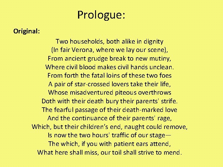 Prologue: Original: Two households, both alike in dignity (In fair Verona, where we lay