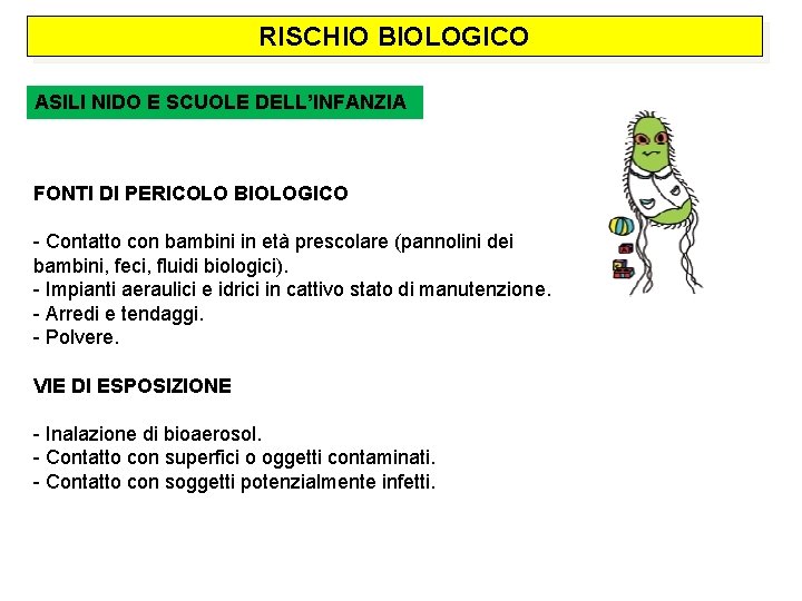RISCHIO BIOLOGICO ASILI NIDO E SCUOLE DELL’INFANZIA FONTI DI PERICOLO BIOLOGICO - Contatto con