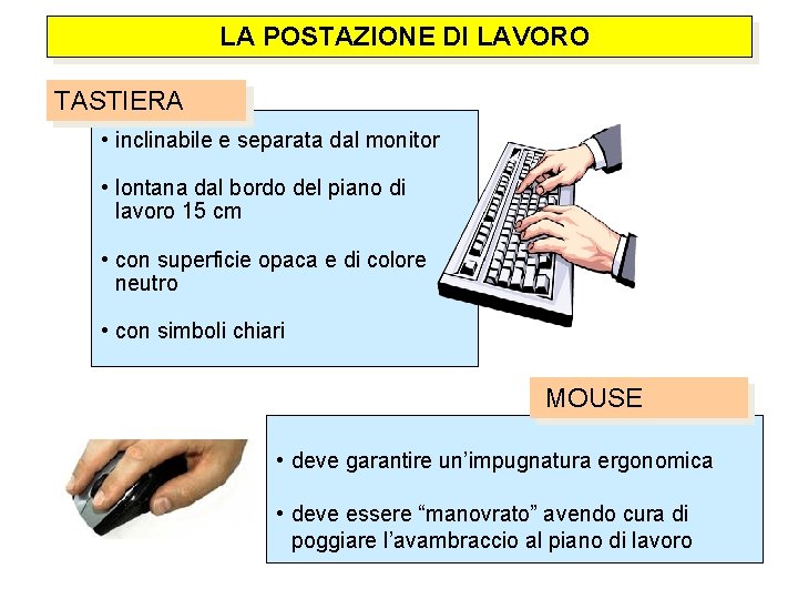  LA POSTAZIONE DI LAVORO TASTIERA • inclinabile e separata dal monitor • lontana