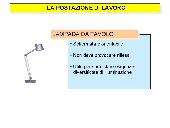  LA POSTAZIONE DI LAVORO LAMPADA DA TAVOLO • Schermata e orientabile • Non