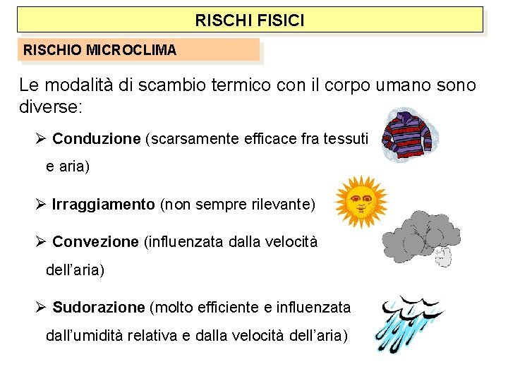 RISCHI FISICI RISCHIO MICROCLIMA Le modalità di scambio termico con il corpo umano sono