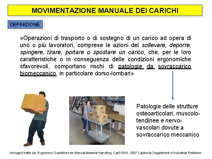 MOVIMENTAZIONE MANUALE DEI CARICHI DEFINIZIONE «Operazioni di trasporto o di sostegno di un carico