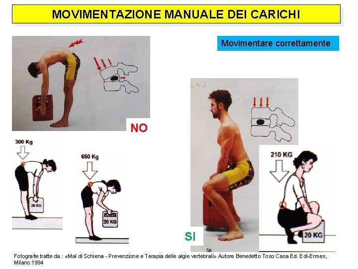 MOVIMENTAZIONE MANUALE DEI CARICHI Movimentare correttamente NO SI Fotografie tratte da : «Mal di