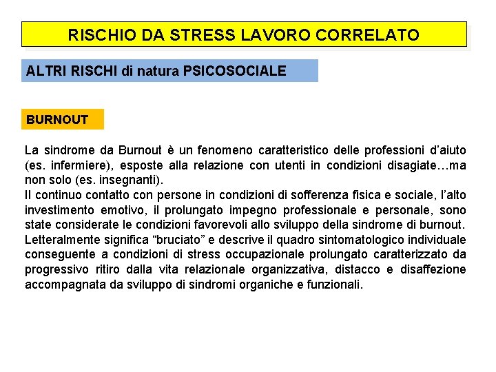 RISCHIO DA STRESS LAVORO CORRELATO ALTRI RISCHI di natura PSICOSOCIALE BURNOUT La sindrome da