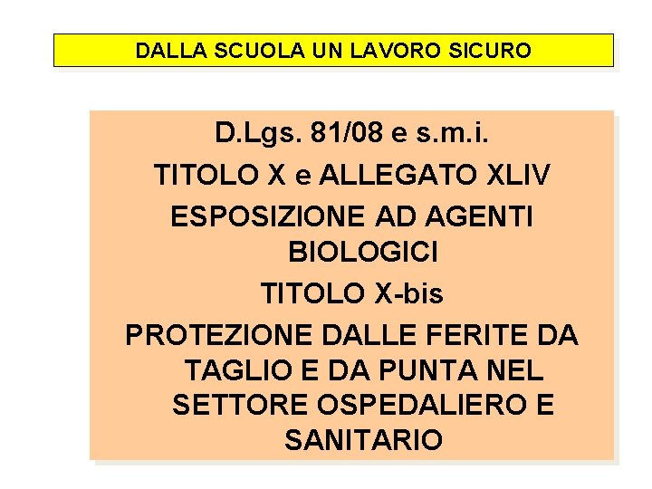 DALLA SCUOLA UN LAVORO SICURO D. Lgs. 81/08 e s. m. i. TITOLO X