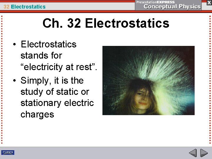 32 Electrostatics Ch. 32 Electrostatics • Electrostatics stands for “electricity at rest”. • Simply,