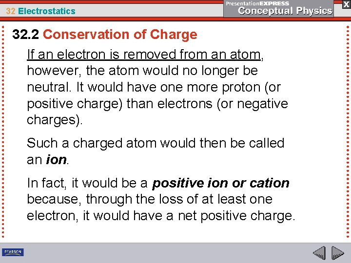 32 Electrostatics 32. 2 Conservation of Charge If an electron is removed from an