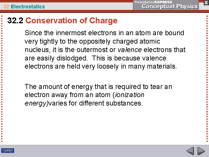 32 Electrostatics 32. 2 Conservation of Charge Since the innermost electrons in an atom