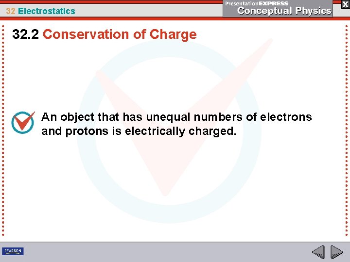 32 Electrostatics 32. 2 Conservation of Charge An object that has unequal numbers of
