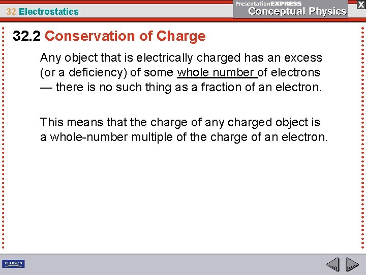 32 Electrostatics 32. 2 Conservation of Charge Any object that is electrically charged has