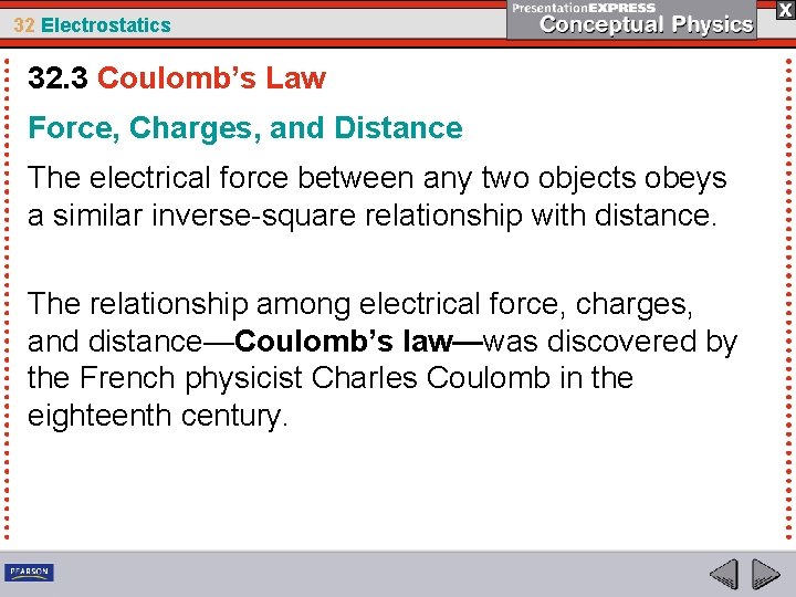 32 Electrostatics 32. 3 Coulomb’s Law Force, Charges, and Distance The electrical force between