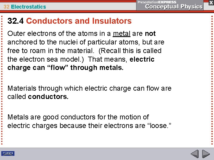 32 Electrostatics 32. 4 Conductors and Insulators Outer electrons of the atoms in a
