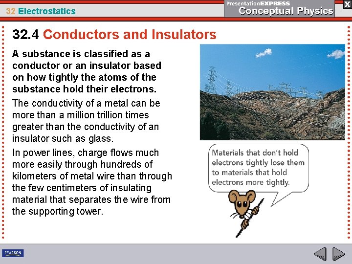 32 Electrostatics 32. 4 Conductors and Insulators A substance is classified as a conductor