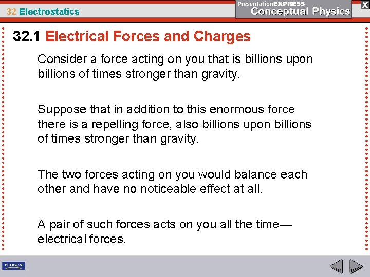 32 Electrostatics 32. 1 Electrical Forces and Charges Consider a force acting on you