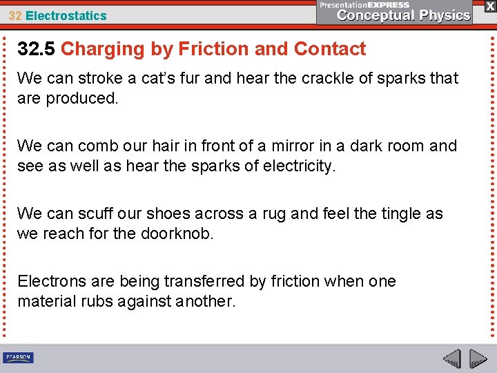 32 Electrostatics 32. 5 Charging by Friction and Contact We can stroke a cat’s