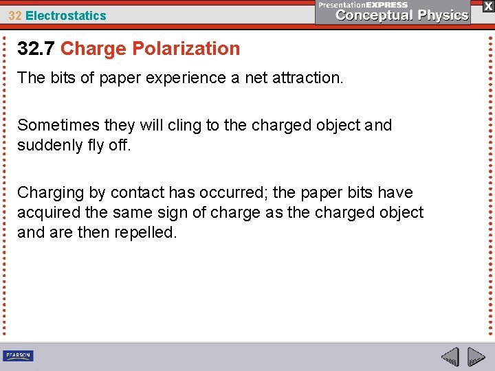 32 Electrostatics 32. 7 Charge Polarization The bits of paper experience a net attraction.