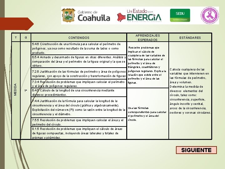 T G CONTENIDOS APRENDIZAJES ESPERADOS ESTÁNDARES MEDIDA 5. 4. 6 Construcción de una fórmula T G CONTENIDOS APRENDIZAJES ESPERADOS ESTÁNDARES MEDIDA 5. 4. 6 Construcción de una fórmula