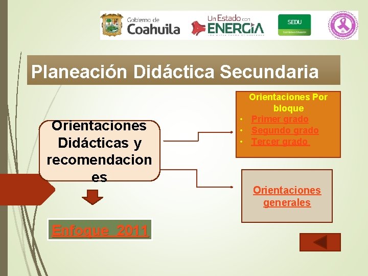 Planeación Didáctica Secundaria Orientaciones Didácticas y recomendacion es Enfoque 2011 Orientaciones Por bloque • Planeación Didáctica Secundaria Orientaciones Didácticas y recomendacion es Enfoque 2011 Orientaciones Por bloque •