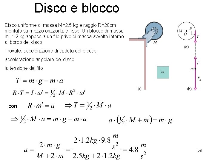 Disco e blocco Disco uniforme di massa M=2. 5 kg e raggio R=20 cm
