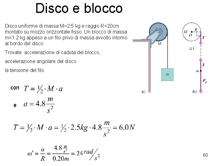 Disco e blocco Disco uniforme di massa M=2. 5 kg e raggio R=20 cm