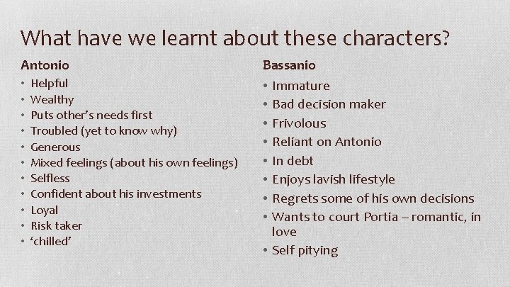 What have we learnt about these characters? Antonio • • • Helpful Wealthy Puts