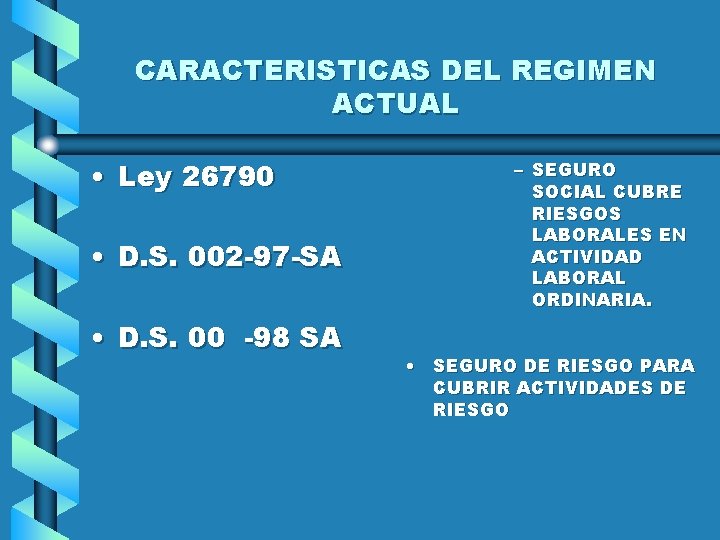 CARACTERISTICAS DEL REGIMEN ACTUAL • Ley 26790 • D. S. 002 -97 -SA •