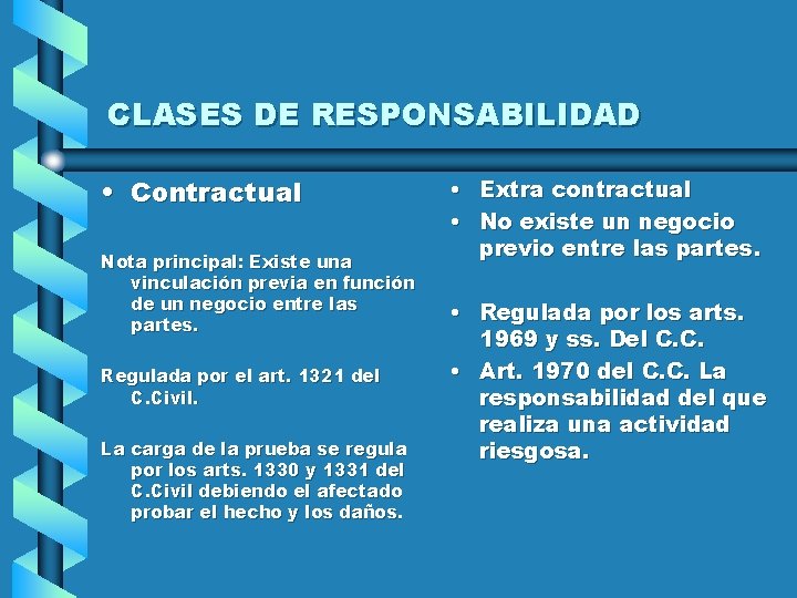 CLASES DE RESPONSABILIDAD • Contractual Nota principal: Existe una vinculación previa en función de