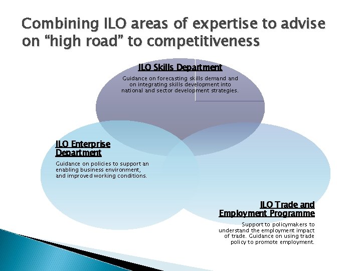 Combining ILO areas of expertise to advise on “high road” to competitiveness ILO Skills