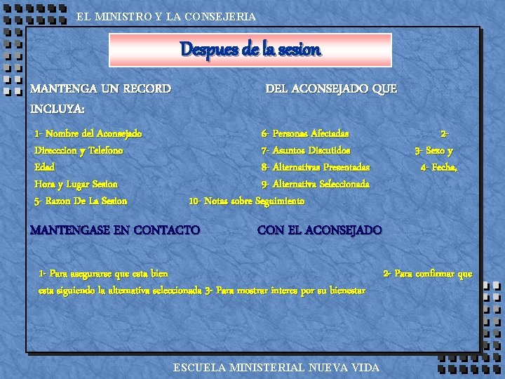EL MINISTRO Y LA CONSEJERIA Despues de la sesion MANTENGA UN RECORD INCLUYA: 1