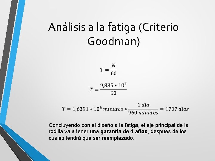 Análisis a la fatiga (Criterio Goodman) Concluyendo con el diseño a la fatiga, el