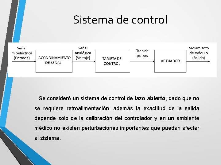 Sistema de control Se consideró un sistema de control de lazo abierto, dado que