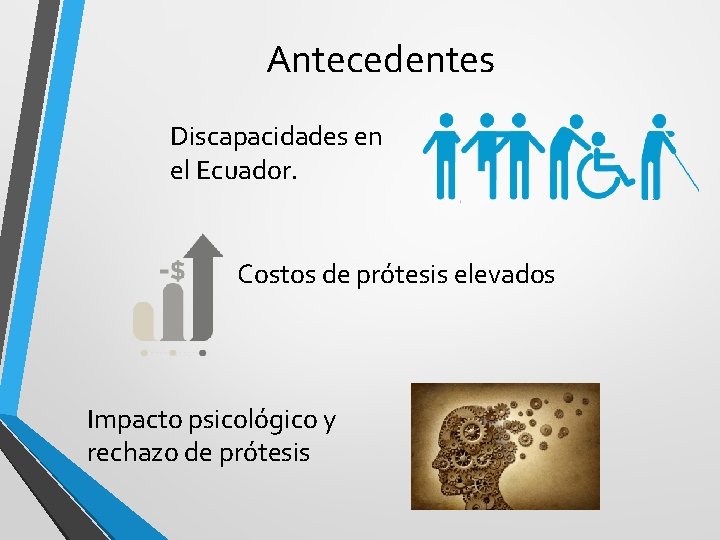 Antecedentes Discapacidades en el Ecuador. Costos de prótesis elevados Impacto psicológico y rechazo de