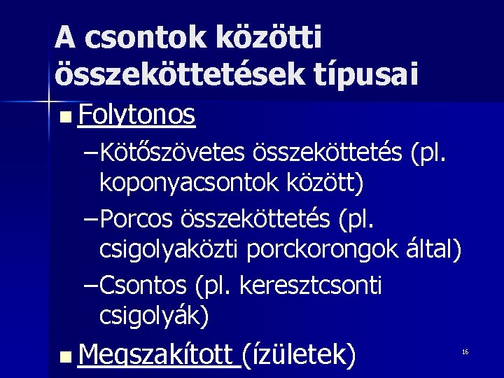 A csontok közötti összeköttetések típusai n Folytonos – Kötőszövetes összeköttetés (pl. koponyacsontok között) –