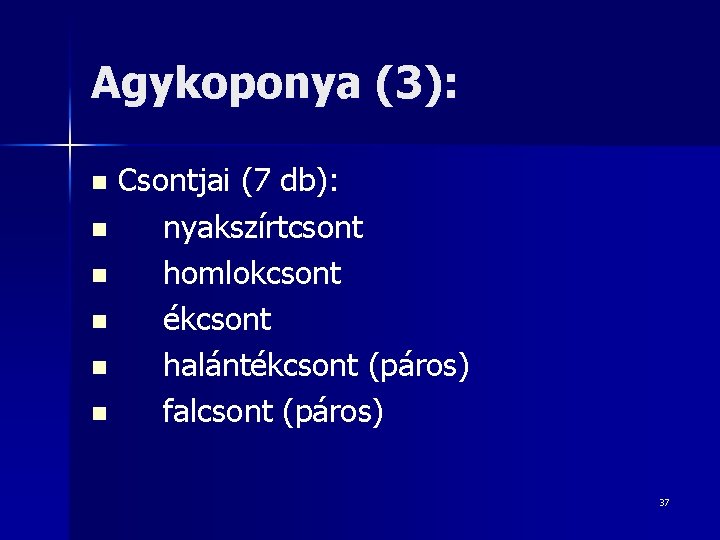 Agykoponya (3): Csontjai (7 db): n nyakszírtcsont n homlokcsont n ékcsont n halántékcsont (páros)