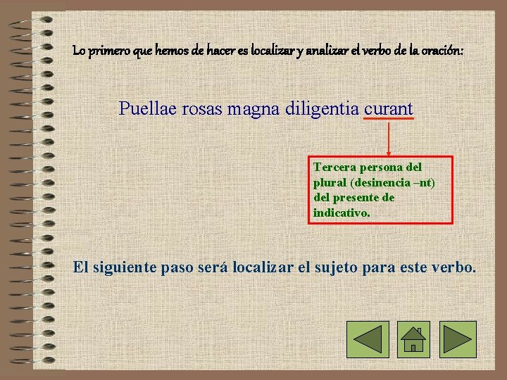 Lo primero que hemos de hacer es localizar y analizar el verbo de la