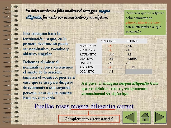 Ya únicamente nos falta analizar el sintagma magna diligentia, formado por un sustantivo y