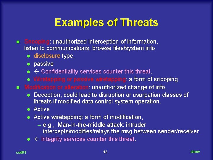 Examples of Threats Snooping: unauthorized interception of information, listen to communications, browse files/system info