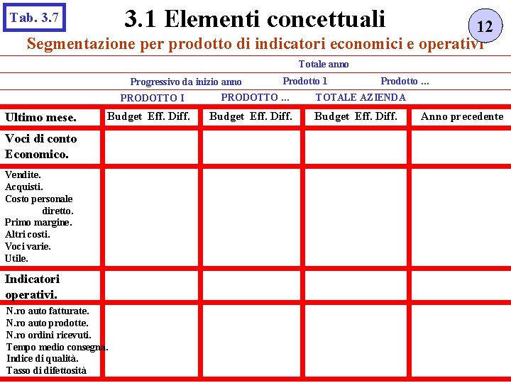 3. 1 Elementi concettuali Tab. 3. 7 12 Segmentazione per prodotto di indicatori economici