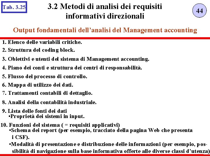 Tab. 3. 25 3. 2 Metodi di analisi dei requisiti informativi direzionali 44 Output