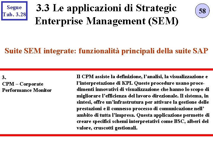 Segue Tab. 3. 28 3. 3 Le applicazioni di Strategic Enterprise Management (SEM) 58
