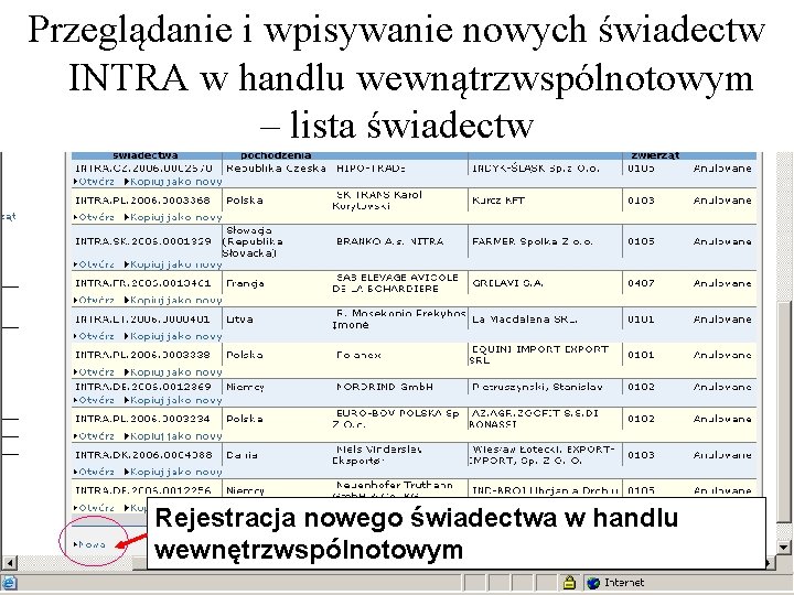 Przeglądanie i wpisywanie nowych świadectw INTRA w handlu wewnątrzwspólnotowym – lista świadectw Rejestracja nowego Przeglądanie i wpisywanie nowych świadectw INTRA w handlu wewnątrzwspólnotowym – lista świadectw Rejestracja nowego