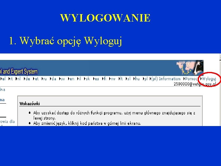 WYLOGOWANIE 1. Wybrać opcję Wyloguj WYLOGOWANIE 1. Wybrać opcję Wyloguj