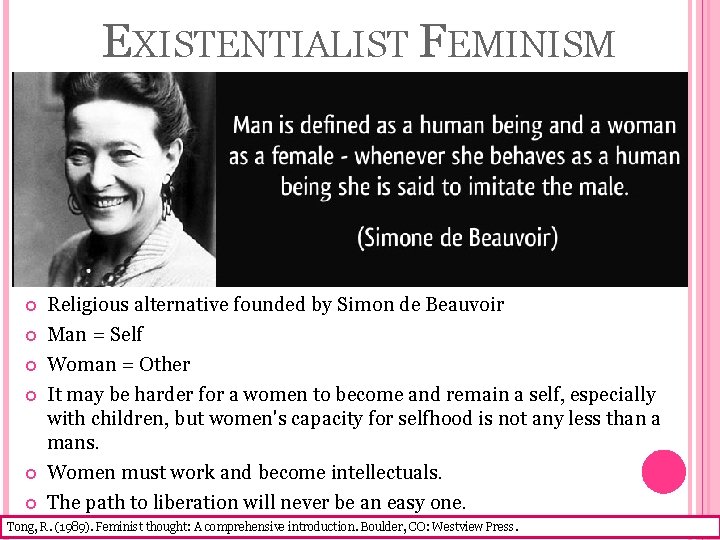 EXISTENTIALIST FEMINISM Religious alternative founded by Simon de Beauvoir Man = Self Woman =