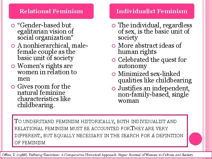 Relational Feminism “Gender-based but egalitarian vision of social organization" A nonhierarchical, malefemale couple as