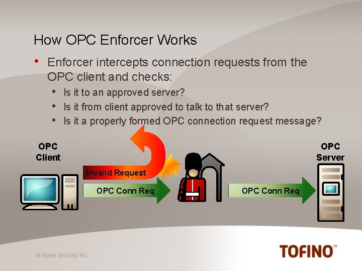 How OPC Enforcer Works • Enforcer intercepts connection requests from the OPC client and