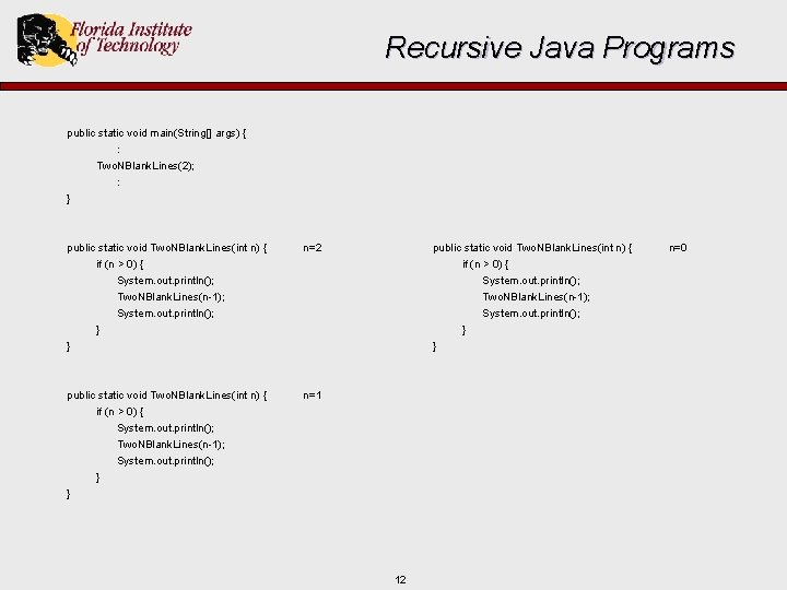 Recursive Java Programs public static void main(String[] args) { : Two. NBlank. Lines(2); :