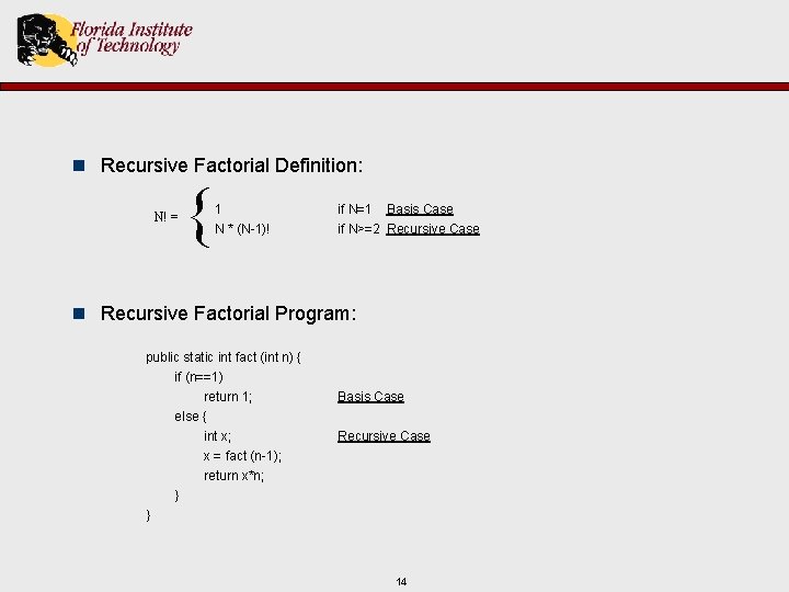 n Recursive Factorial Definition: N! = { 1 N * (N-1)! if N=1 Basis