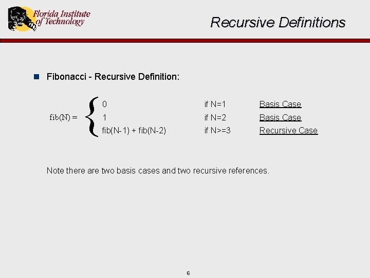 Recursive Definitions n Fibonacci - Recursive Definition: fib(N) = { 0 if N=1 Basis