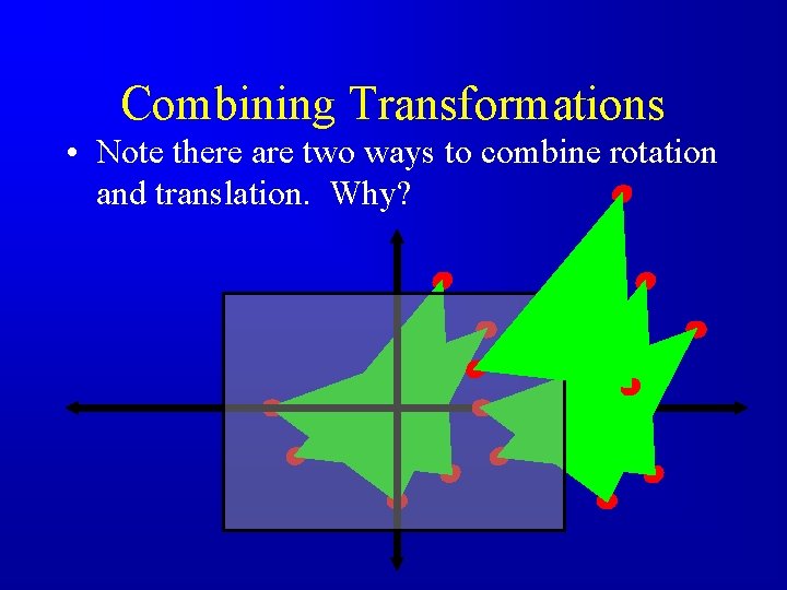 Combining Transformations • Note there are two ways to combine rotation and translation. Why?